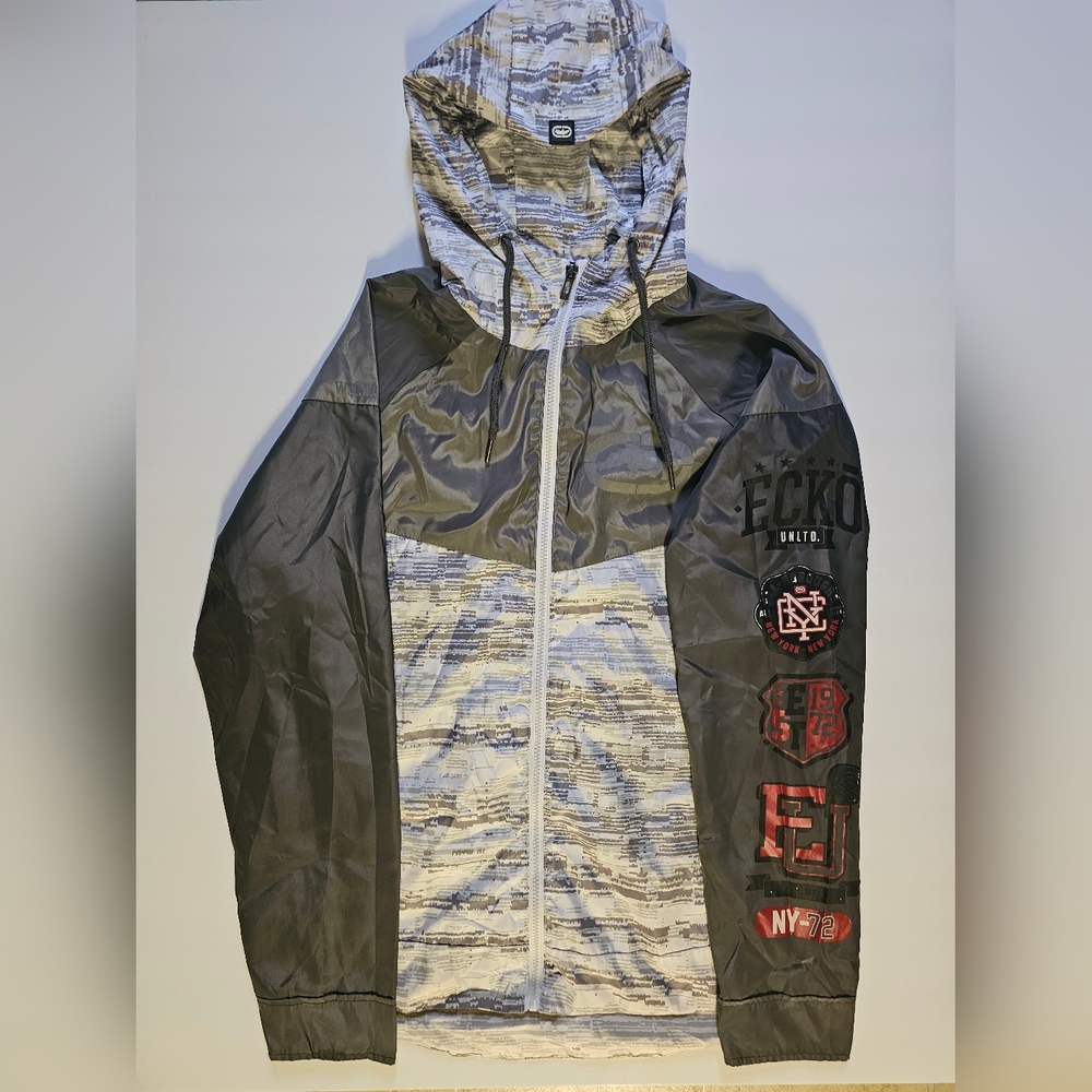 ECKO UNLTD Jacket Men Medium Gray Camouflage Hooded Windbreaker Y2K Skater Rhino